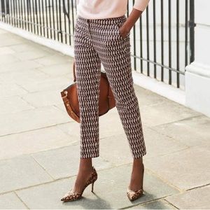 Brown and white patterned straight leg ankle pants